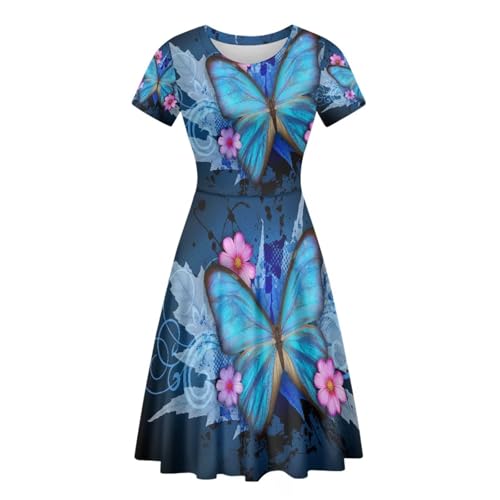 Allinterest Blue Butterfly Dress Women Summer Short Sleeve Midi Dresses for Hawaiian Tropical Round Neck Casual A-Line Dress