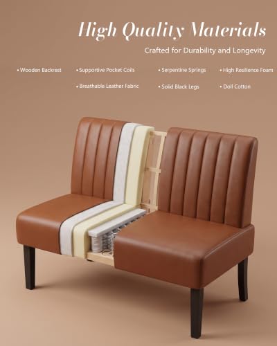 Image of Armless Accent Chair Loveseat, Small Sofa, Brown Faux Leather, Modern