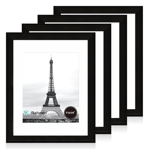 Image of iRahmen 11x14 Vintage Picture Frame with Mat 8x10 - High Definition Tempered Glass Wooden Photo Frames for Wall Mounting (Black, Set of 4)
