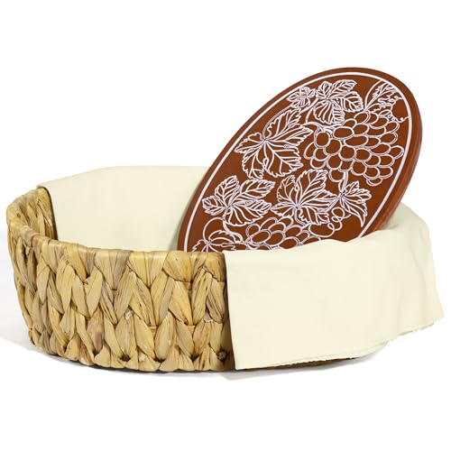 Cecnamt Bread Basket with Terracotta Warmer Stone, Liner and Cover Cloth, Bread Baskets for Serving, Sourdough, Bakers Gift for Kitchen, House Warming Gift - Water hyacinth