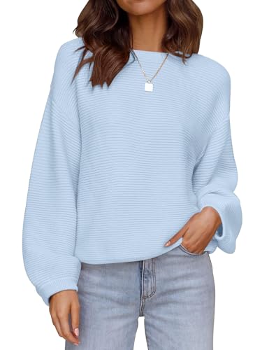 Image of ZESICA Women's Crew Neck Long Lantern Sleeve Fall 2026 Casual Loose Ribbed Knit Solid Soft Pullover Sweater Tops
