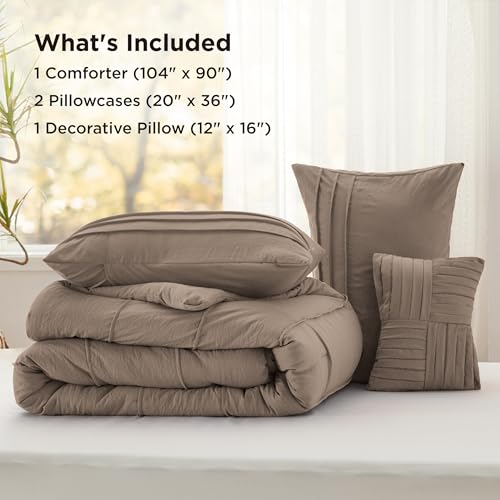 Image of Bedsure Brown King Size Comforter Set - 4 Pieces Pinch Pleat Bed Set, Down Alternative Bedding Sets for All Season, 1 Comforter, 2 Pillowcases, 1 Decorative Pillow