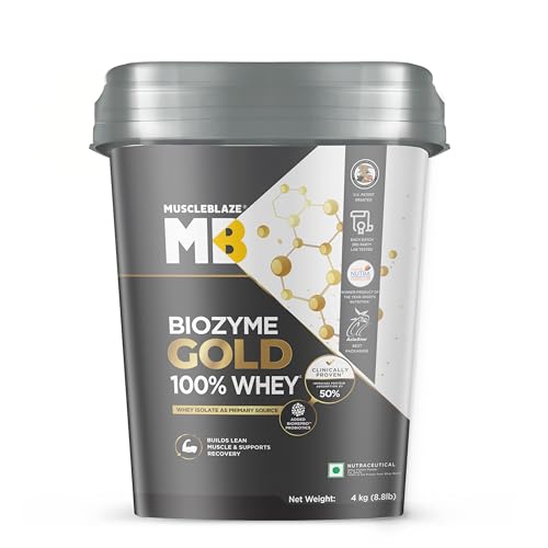Image of MuscleBlaze Biozyme Gold 100% Whey Protein (Double Rich Chocolate, 4kg / 8.8lbs) | Whey Isolate as Primary Protein Source