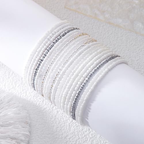 RINHOO Bohemian Seed Beaded Bracelet Set - Adjustable Stretch Stackable Multilayer Elastic Bracelets, Handmade for Women Summer Beach Vacation Jewelry Gifts (style 1-20pcs white) — view 5