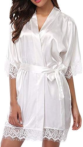 Women's Lace Trim Kimono Robe Nightwear Nightgown Sleepwear Satin Short Robe Bridesmaid Bride Robe (White, S)