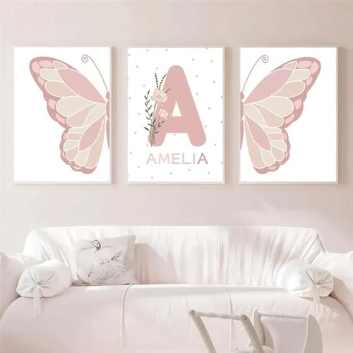 Youihom 3 Tableau Enfant Papillon Rose Affiche Prenom Enfant Poster Mural Chambre Fille Toile Decoration Murale Enfant Bebe Affiche Fille Cadeau sans Cadre...