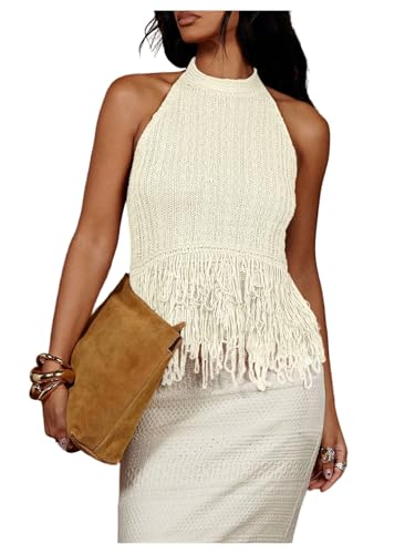 Floerns Women's Summer Fringe Trim Sweater Vest Sleeveless Knitted Going Out Halter Tops