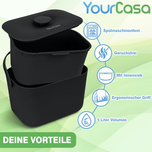YourCasa Biomülleimer Küche 5L - Komposteimer für alltäglichen Biomüll Behälter - Spülmaschinenfest - Geruchsdicht mit Sieb & ergonomischen Griff - Bio Mülleimer Klein Komposter Bioeimer (Schwarz)