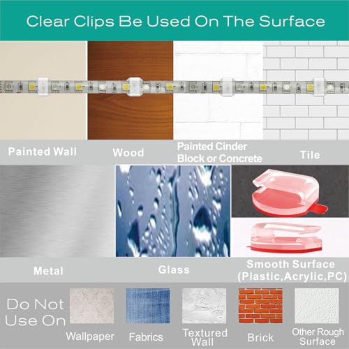 ATB- Clear LED Strip Light Mounting Clips, 100 Pack Soportes Adhesivos para Tiras LED Impermeables de 10mm y 12mm, Clips de Gestión de Cables USB para Cables de Diámetro Inferior a 0.12 Pulgadas, Cinta V-HB Fuerte miniatura 6