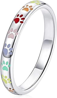 Cute Paw Print Band Ring for Women Men Pet Lover Colorful Cat Dog Footprint Stack Finger Middle Thumb Rings Stainless Steel Comfort Fit Couple Wedding Bands Graduation