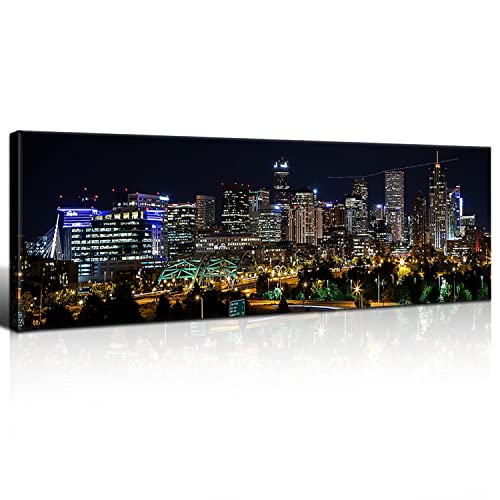 Black Night Denver Skyline Wall Art Colorado City Poster for Living Room USA Cityscape Wall Decor Modern Downtown Building Skyscraper Canvas Prints Painting Artwork Office Bedroom Decoration 14x48"