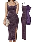 Popilush Sparkly Cocktail Dresses for Women Shapewear Formal Wedding Guest Dress Fall Square Neck Ruched Midi Dress Side Slit Purple