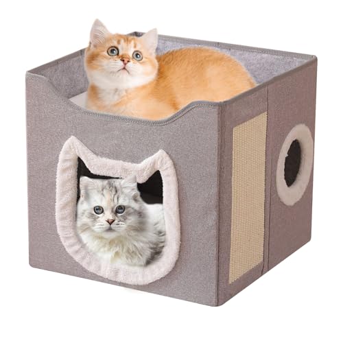 Cat House | 折りたたみペットハウス ケンネル コンボ,2段大型かくれ家ベッド シェルター ケネル スクラッチパッド付き ボール付き 猫 犬 屋内 家 冬 屋外 - ペット 犬 猫 屋内 屋外 冬用