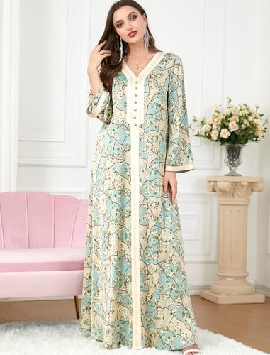 Image of FYMNSI Abaya Dress for Women Muslim Modest Maxi Robe Floral V Neck Eid Prayer Dresses Dubai Clothing Arabian Islamic Kaftan