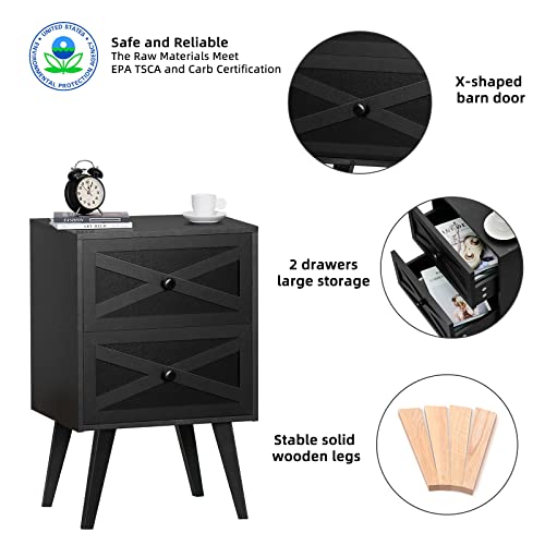 Lerliuo Mid-Centry Modern Nightstand With 2 Stroage Drawers, Farmhouse End Table With Barn Door, Bedside Table, Rustic Wood Sofa Side Table, Black Nightstands For Bedroom, Living Room, Dorm #TOP7