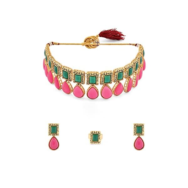 ZAVERI PEARLS Pink & Green Stones Antique Teardrop Necklace Earring & Ring Set For Women-ZPFK15891