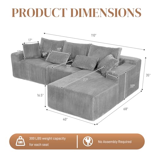 Image of 110 inch L Shaped Cloud Boneless Sectional Couches for Living Room, Modern Comfy Modular Deep Seat Memory Foam Compressed Corduroy Sofa Oversized Right Facing Chaise, No Assembly Required, Grey
