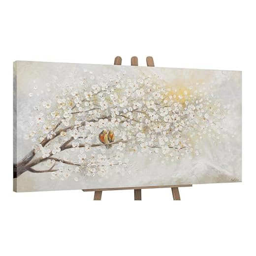 YS-Art Pintado en acrílico paisaje primaveral Amanecer Pintura hecha a mano árboles en flor Decoración del hogar Bellas flores blancas 100x50 cm
