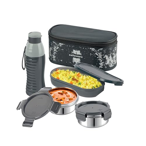 CELLO Gemini Lunch Box Gift Set of 3 Pieces with Bag for Office Use, Grey | 300ml x 2 Steel Round Containers, 500ml x 1 Oval Container with 600 ml Water Bottle, Leak Proof Tiffin Set for School Travel