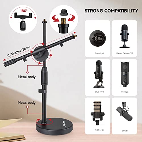 Microphone Stand Desk Adjustable Desktop Microphone Stand With Boom Arm Upgraded 3 In 1 Table Phone/Mic Stand With Microphone Clip,Cell Phone Clip,3/8" To 5/8" Adapter For Blue Yeti,Shure,Other Mic #TOP4