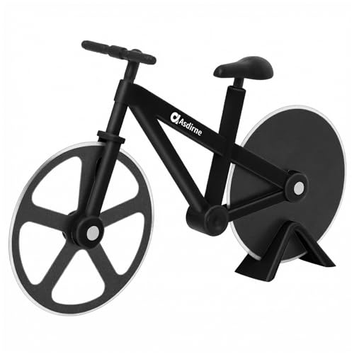 Fahrrad Pizzaschneider - Lustiger Pizzaschneider mit Rad und Ständer lebensmittelechtes Edelstahl neuartiges Küchengeschenk für Pizzaliebhaber 19 cm Schwarz