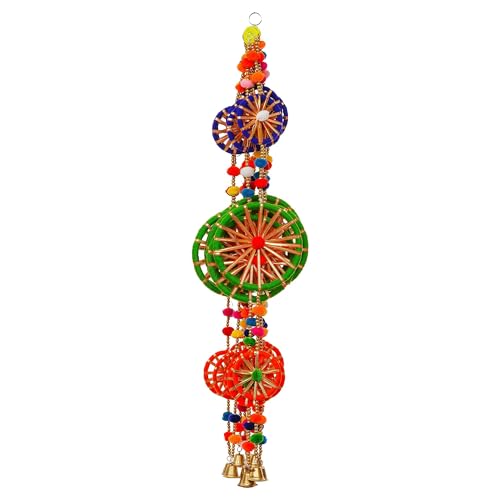 Image of eCraftIndia Multicolor Rings with Pom-Pom Tassels Bell Hangings (Pack of 4) Wall /Door Hangings, Toran for Home Decor - Ganesh Chaturthi, Navratri, and Diwali Decoration Items.