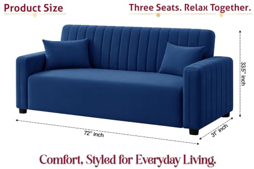 Image of Modern 3 Seater Sofa | Vertical Channel Tufted Backrest & Armrests | Plush Cushioned Seating | Contemporary Upholstered Couch for Living Room, Bedroom & Office - Blue Color