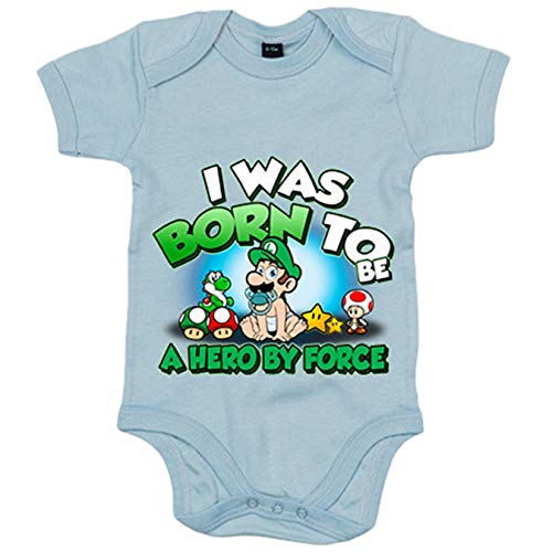 Body bebé I was born to be a hero by force parodia para gamers retro amigo del fontanero de aventuras - Celeste, Talla única 12 meses