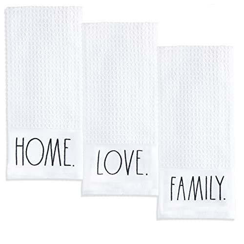 Rae Dunn Set of Hand Towels for Kitchen and Bathroom, 100% Cotton, Embroidered Dish Towels, Decorative Hand Towels, White- Family/Home/Love, 3 Pack
