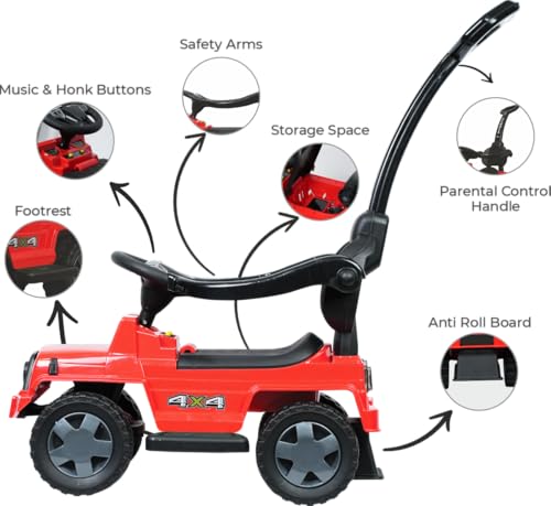 Image of Joyride Speedy Plus 4x4 Large Size Ride on Jeep with LED Headlight | Music |Seat Storage| Safety guardrail |Parental Handle | Big Wheels for Kids 1 to 4 Years (RED)