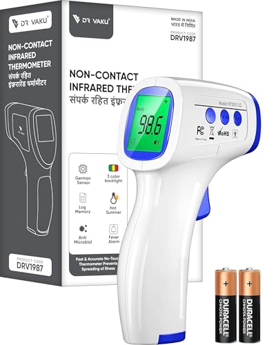 Image of DR VAKU Infrared Digital Thermometer Non-Contact Temperature Gun for Adults & Children Quick & Accurate Read Fever Detection LCD Display Memory Function [Battery Included- White & Blue