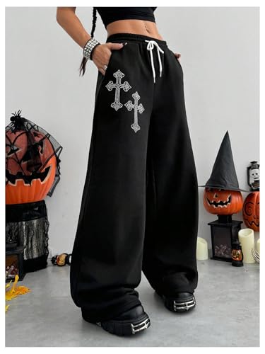 SOLY HUX Women's Y2k Baggy Pants Drawstring Waist Gothic Rhinestone Wide Leg Sweatpants4