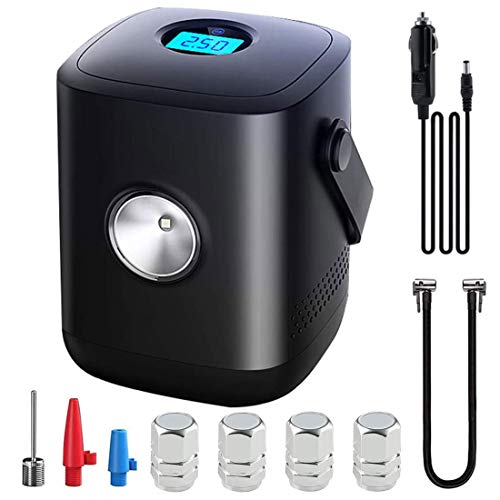 Car Tyre Inflator, Portable Air Compressor, Aybe 12V Digital Auto Tyre Pump With Bright Light,3 Nozzle Adapters,4 Tyre Valve Covers & 60cm Inflatable Tube, for Car, Motorcycle Bicycle Tyre