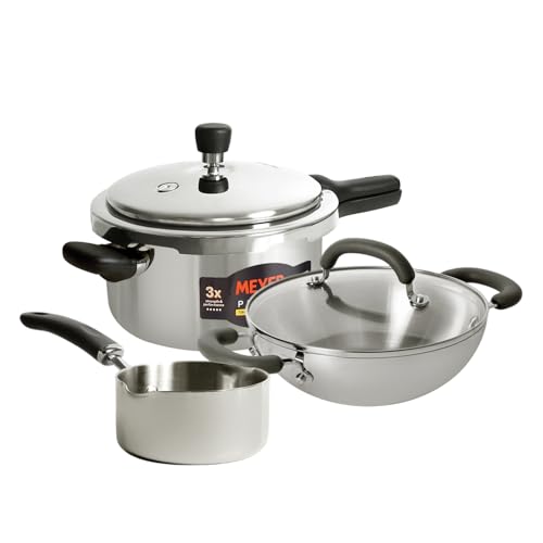 Image of Meyer Tri‑Ply Stainless‑Steel Kitchen Set - 5.5 L Presta Pressure Cooker + 22 cm Trivantage Kadai /Wok with Lid + 14 cm Trivantage Milkpan, Induction‑Compatible Cookware Bundle