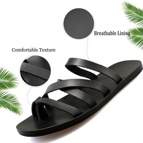 Men's Leather Strappy Toe Loop Casual Flat Beach Slides Sandals Open Round Toe Lightweight Non-Slip Slip On Summer Roman Flip Flops Slides for Beach Walking Summer Sandals3