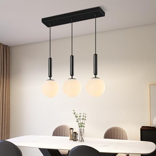 Image of Modern Black Pendant Lights Kitchen Island Mid Century with Globe Pendant Light Milk White Glass Pendant Lighting for Living Room Bedroom Entryway (3 Lights)