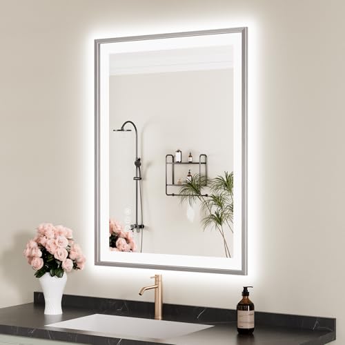 ISTRIPMF 24x32 Inch LED Mirror for Bathroom, Brushed Nickel Frame