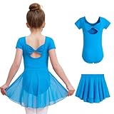 DIPUG Short Sleeve Girls Ballet Leotards with Removable Skirt Toddler Hollow Back Dance Dress Turquoise Combo 4t 5t 6 S