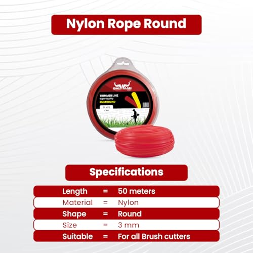 Image of BALWAAN Krishi RED Trimmer Line 3mm 50mtr Round | Suitable for All Types of Brush Cutter | Grass Trimmer | Nylon Rope | Accessory of Tap n Go|TLR-350 (Red)