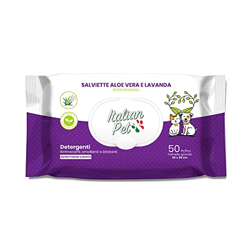 Italian Pet - Lingettes biodégradables à l'aloe Vera et à la Lavande - Lingettes nettoyantes humides pour Chiens, Chats, Lapins, Pattes, museau et Pelage - 50 lingettes organiques jetables - 20x30 cm