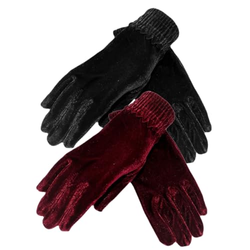 UKCOCO Guantes de Terciopelo para Mujer 2 Pares (Negro y Vino), Guantes Cálidos de Invierno de Dedo Completo Puño Elástico, Ideales para Ciclismo, Correr y Clima Frío