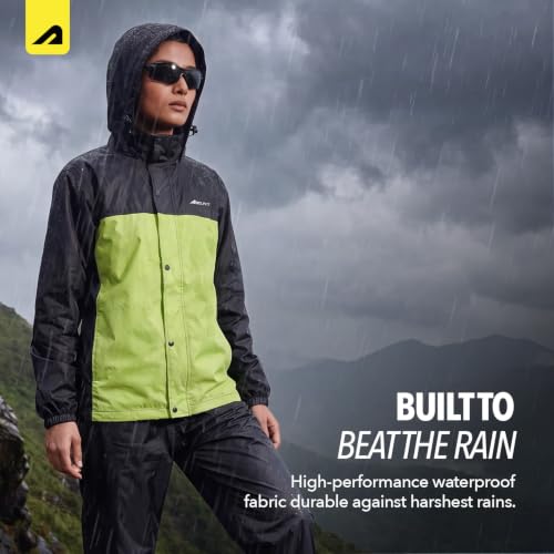 Image of Boldfit Rain Coat for Men Waterproof Raincoat Set for Women with Reflective Trim-Windproof Jacket & Pants Suit with Hood, Pockets & Breathable, Durable Fabric for Outdoor, Travel- Black Green, XL-XXL
