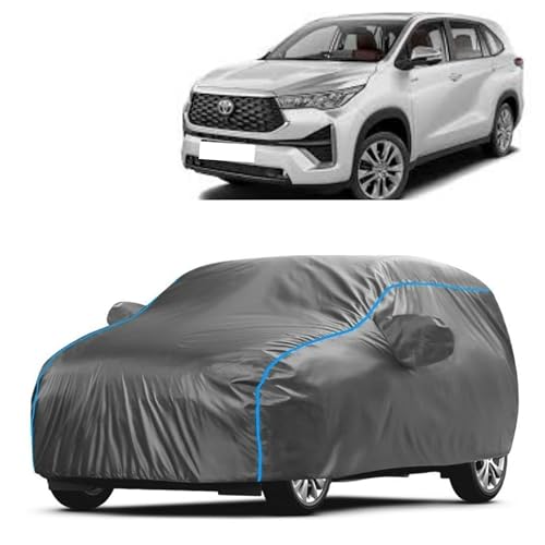 Image of Kerwa Car Body Cover Waterproof with Toyota Innova Hycross, Dust & UV Resistant All-Weather Proof Full Body Cover, Grey with Blue Lining, Triple Stitched Elastic Bottom with Mirror Pocket