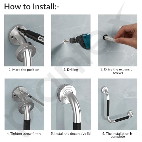 Image of Plantex L-Shape Bathroom Handle for Senior Citizen /Grab Bar for Toilet /Wall-Mounted Safety Handle Made of 304 Grade Stainless Steel - Pack of 2 (Chrome & Black)