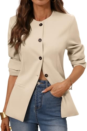 ELLEVEN Damen Blazer Rundhals Slim Fit Business Casual Langarm Blazer Arbeit Büro Jacken mit Gepolsterter Schulter, Khaki, L