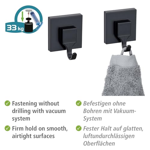 WENKO Vacuum-Loc® Wandhaken Quadro 2er Set, Bad-Haken aus Kunststoff, Befestigen ohne Bohren, Schwarz