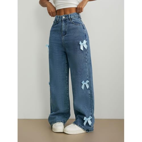 Bow Jeans for Woman Teen Girls Baggy Jeans High Waisted Straight Leg Pants3