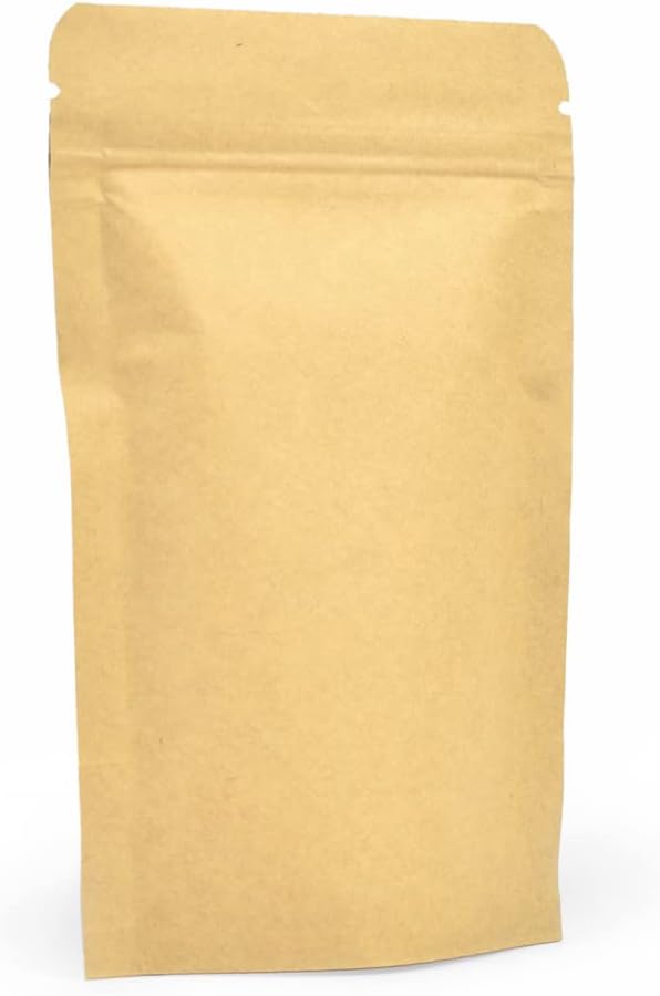 100 Kraft Paper Stand-Up Reusable Food Pouches (90mm X 140mm X 30mm) | Foil-Lined, Heat-Sealable | Resealable Ziplock Bags Tear Notch | Brown Paper Packaging for Coffee Beans, Nuts & Snacks Etc