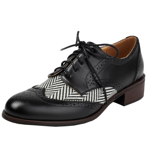 Smilice Women's Block Heel Business Lace up Oxford Shoes Retro Brogues Black