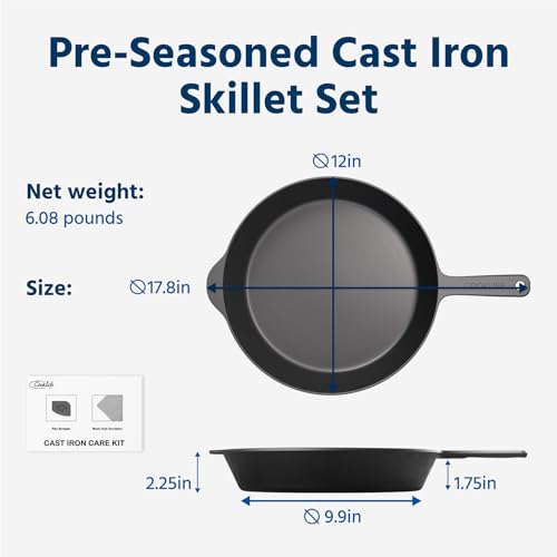 Image of COOKLIFE 12 Inch Lightweight Pre-Seasoned Cast Iron Skillets with Handle Cover - Smooth Polished Surface, Easy to Clean Cast Iron Pan Use in the Oven, on the Stove or Grill, Over a Campfire